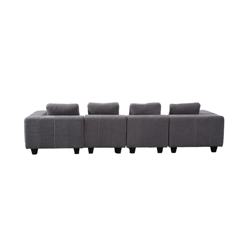 Großes modulares L-förmiges Sofa aus hellgrauem Stoff mit quadratischen Kissen, moderner minimalistischer Stil
