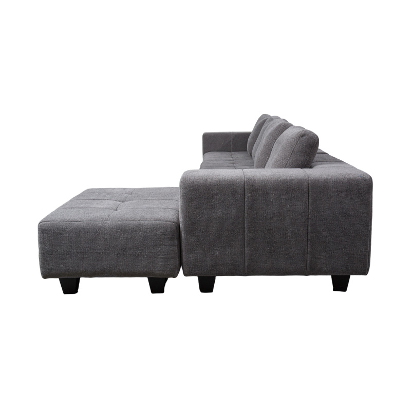Großes modulares L-förmiges Sofa aus hellgrauem Stoff mit quadratischen Kissen, moderner minimalistischer Stil
