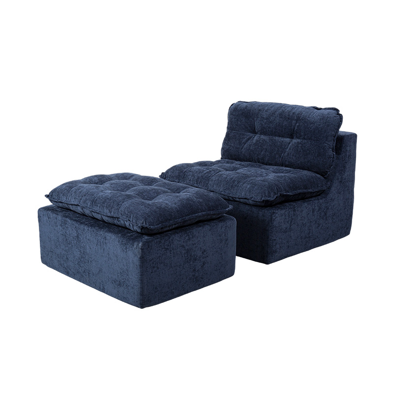 Modulares Vollschaum-Sofaset aus tiefblauem Cord mit gepolsterter Rückenlehne und passendem Ottoman