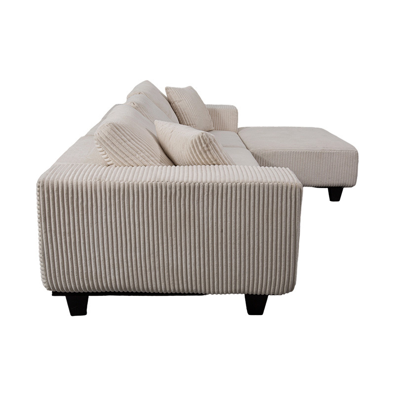 Großes L-förmiges Ecksofa aus cremefarbenem Cord mit modernem, minimalistischem Design Großes L-förmiges Ecksofa aus cremefarbenem Cord mit modernem, minimalistischem Design