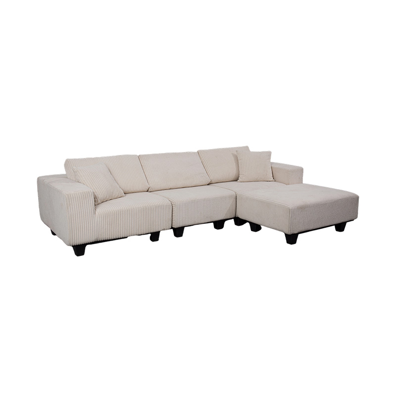 Großes L-förmiges Ecksofa aus cremefarbenem Cord mit modernem, minimalistischem Design Großes L-förmiges Ecksofa aus cremefarbenem Cord mit modernem, minimalistischem Design