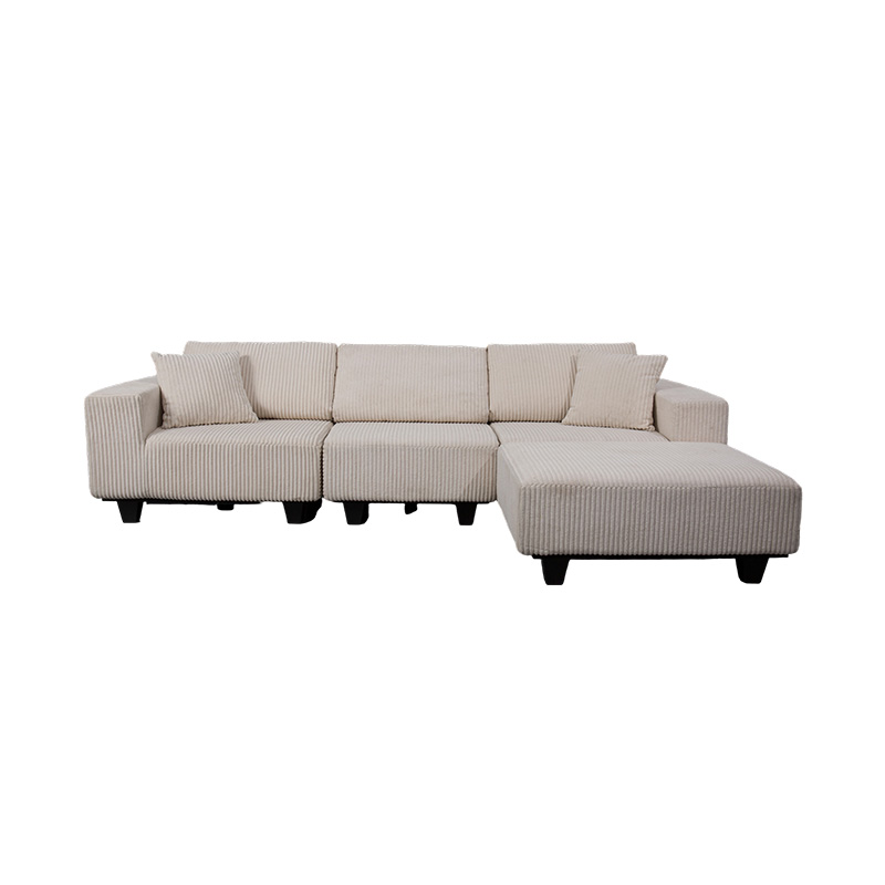 Großes L-förmiges Ecksofa aus cremefarbenem Cord mit modernem, minimalistischem Design Großes L-förmiges Ecksofa aus cremefarbenem Cord mit modernem, minimalistischem Design
