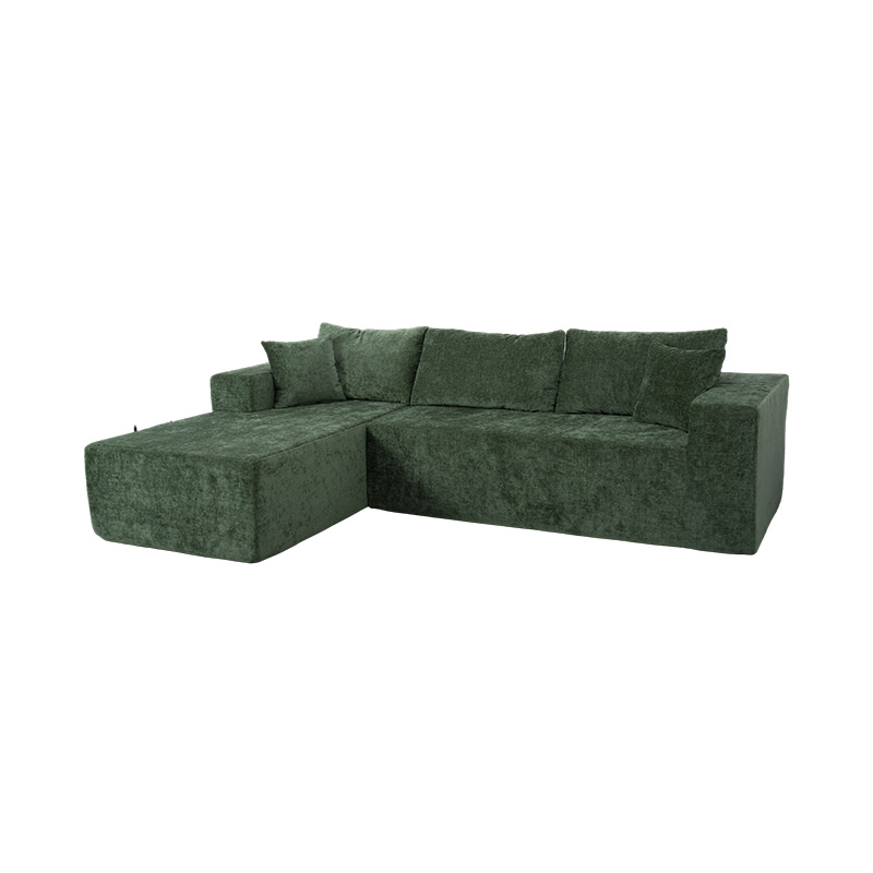 Modulares L-förmiges Ecksofa aus smaragdgrünem Samt mit mehreren Kissen