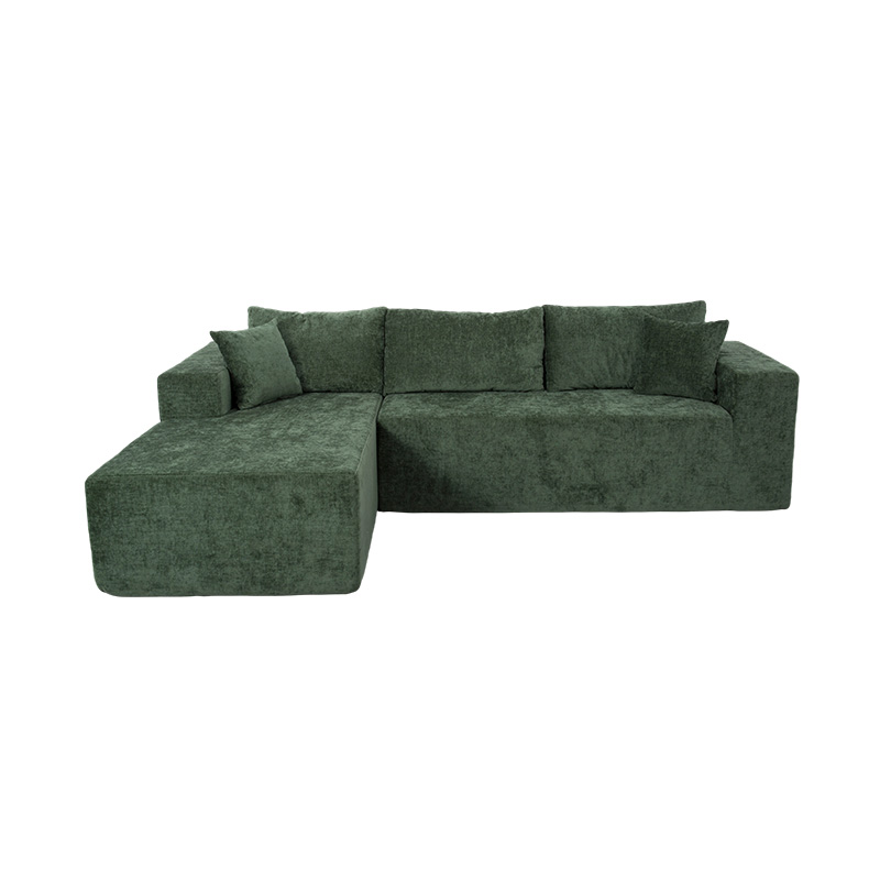 Modulares L-förmiges Ecksofa aus smaragdgrünem Samt mit mehreren Kissen Modulares L-förmiges Ecksofa aus smaragdgrünem Samt mit mehreren Kissen