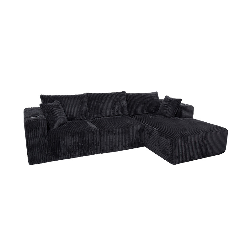 Großes L-förmiges Ecksofa aus schwarzem Cord mit Vollschaummodulen, mehreren Kissen und integrierten Getränkehaltern Großes L-förmiges Ecksofa aus schwarzem Cord mit Vollschaummodulen, mehreren Kissen und integrierten Getränkehaltern