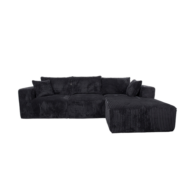 Großes L-förmiges Ecksofa aus schwarzem Cord mit Vollschaummodulen, mehreren Kissen und integrierten Getränkehaltern Großes L-förmiges Ecksofa aus schwarzem Cord mit Vollschaummodulen, mehreren Kissen und integrierten Getränkehaltern